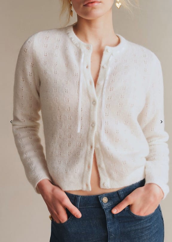 Cream white merino wool knit cardigan, openwork knitwear design for women, custom merino wool sweater OEM manufacturer