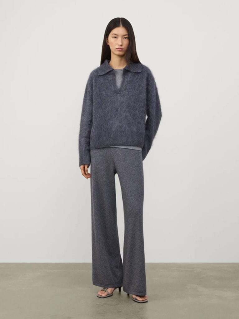 Heather grey brushed cashmere knitwear set, luxury two-piece sweater and wide-leg pants made with brushed cashmere, OEM knitwear manufacturer in Dongguan