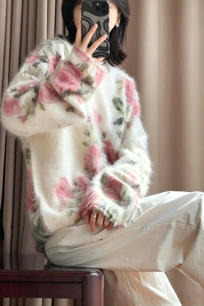 White cashmere sweater with brushed digital floral print, showcasing the latest printing and fiber finishing technology.