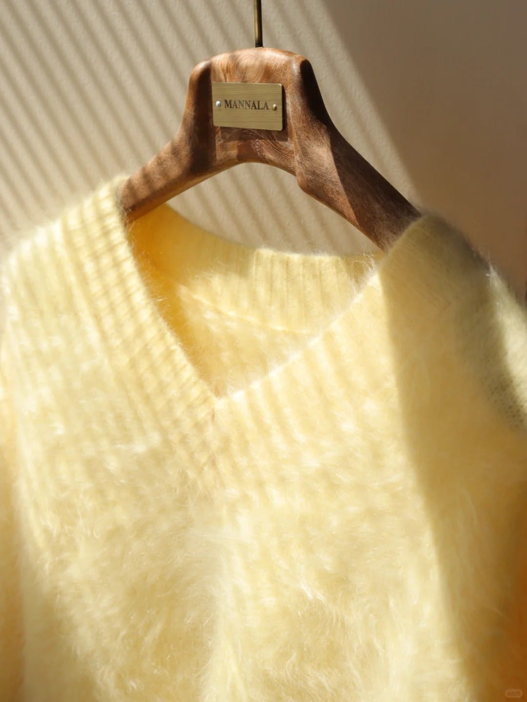 Butter Yellow V-Neck Brushed Cashmere Sweater | MANNALA Luxury Fluffy Knitwear
