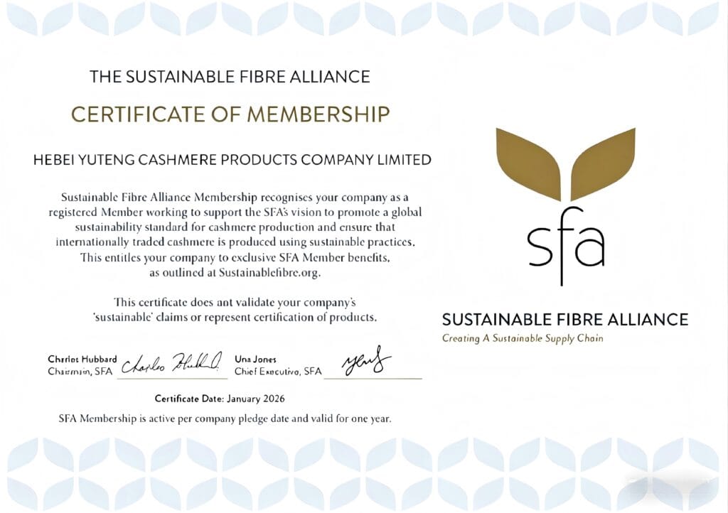 Sustainable Fibre Alliance (SFA) membership certificate for Hebei Yuteng Cashmere Products Company Limited, promoting sustainable cashmere production standards