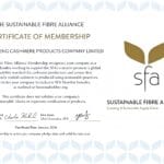 Sustainable Fibre Alliance (SFA) membership certificate for Hebei Yuteng Cashmere Products Company Limited, promoting sustainable cashmere production standards