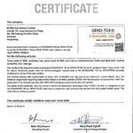OEKO-TEX Standard 100 certificate for M.ORO International Limited, confirming safety of 100% cashmere and wool/cashmere yarns