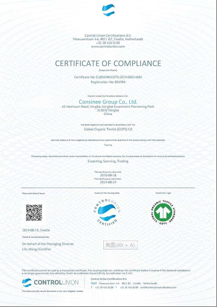 Global Organic Textile Standard (GOTS) 5.0 compliance certificate for Consinee Group, certified by Control Union Certifications