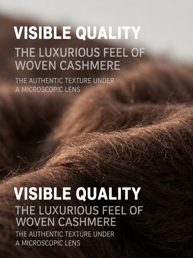 Close-up texture of premium woven cashmere fabric, showcasing soft, luxurious fibers for high-end knitwear.