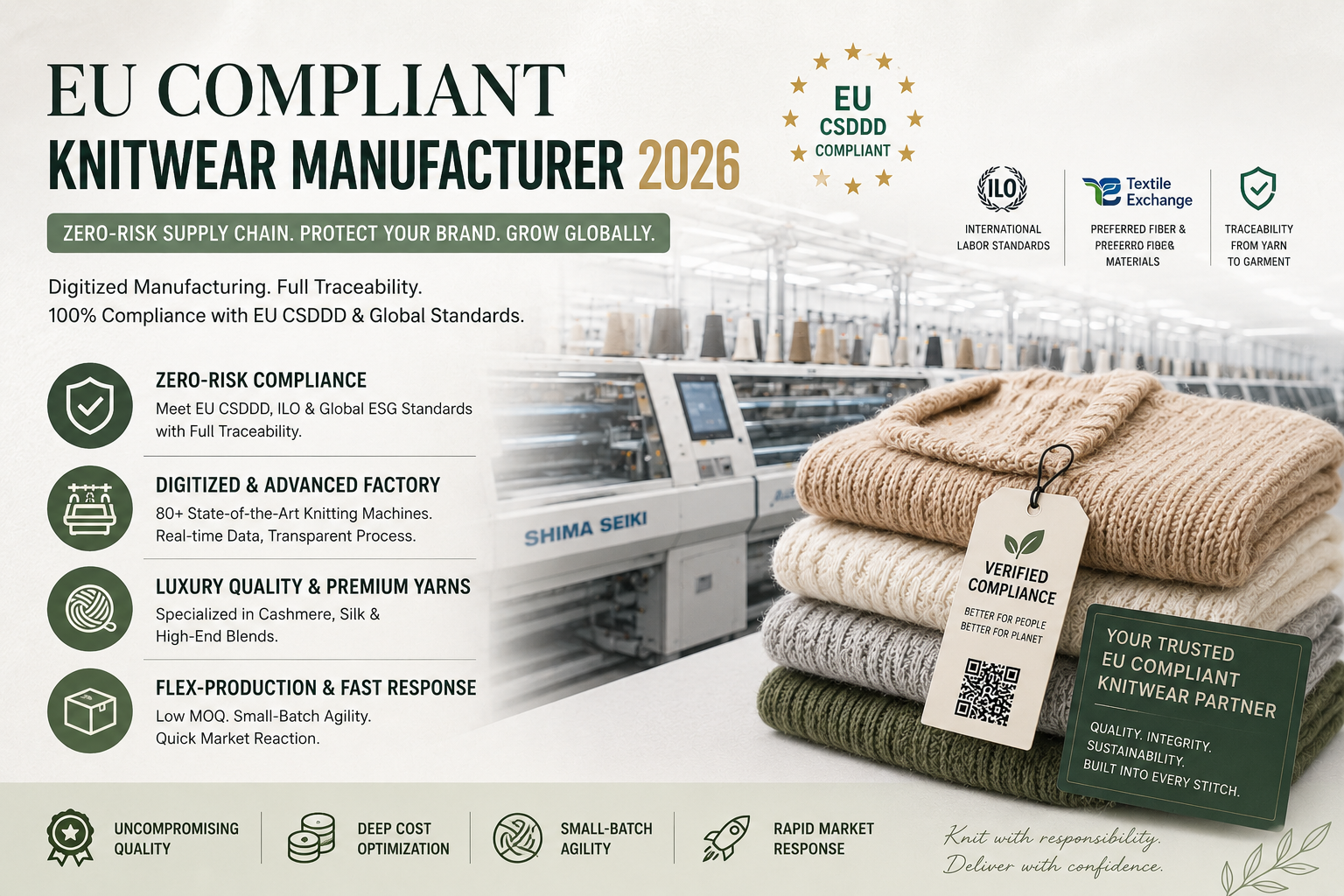 A premium EU compliant knitwear manufacturer 2026 like Youtricot, offering a zero-risk, digitized supply chain with full traceability for luxury fashion brands.