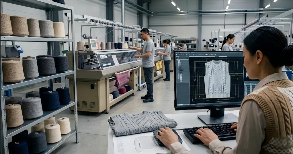 Knitwear sampling costs evaluation with a Chinese female designer programming a luxury sweater vest CAD pattern on an advanced STOLL computerized knitting machine floor.