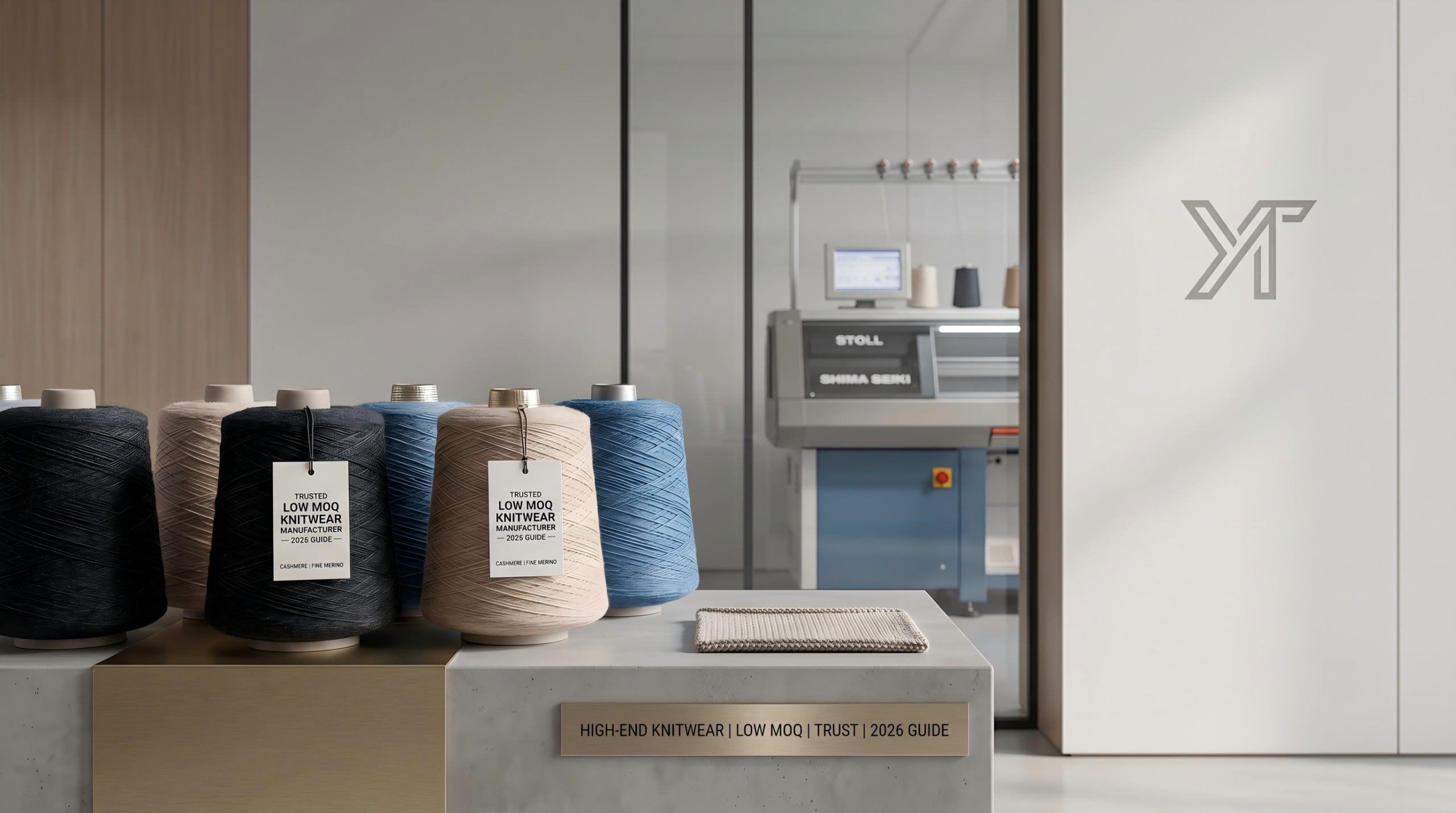 Premium cashmere and fine merino yarn spools with Stoll Shima Seiki knitting machines, showcasing high-end knitwear manufacturing with low MOQ OEM service
